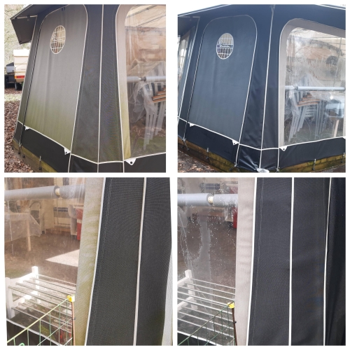 Før- og efterbilleder af vask af fortelt på campingplads på Fyn