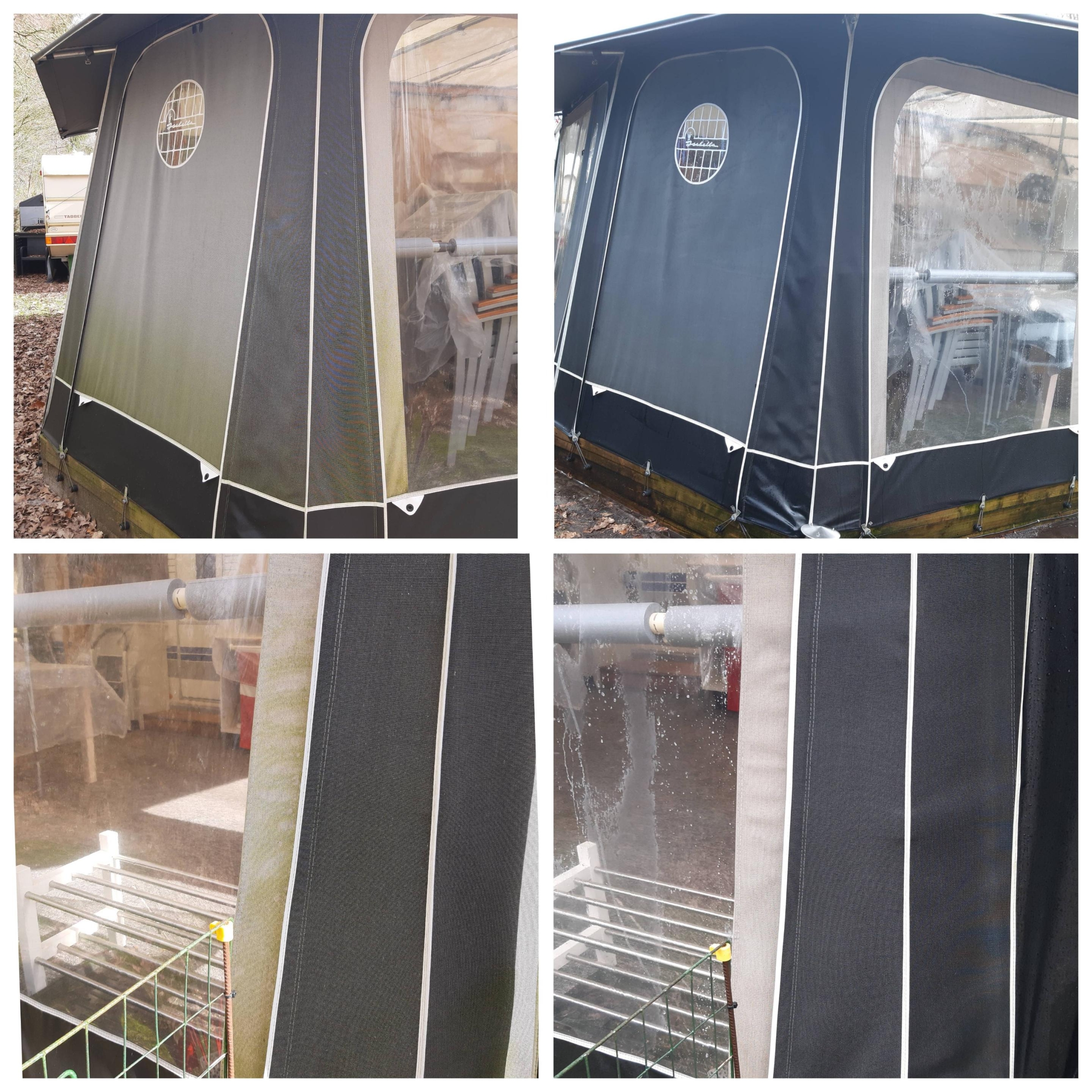 Før- og efterbilleder af vask af fortelt på campingplads på Fyn